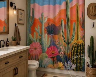 Vintage Desert Cactus Shower Curtain | Southwestern Artistic Bathroom Decor