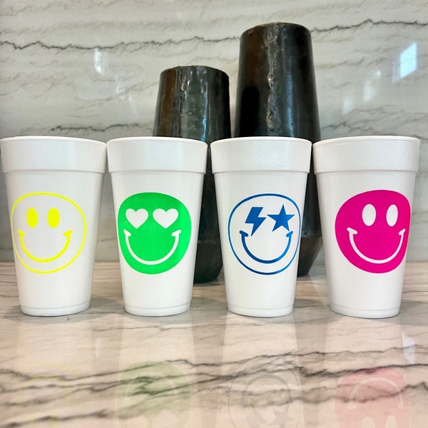 20 oz. Styrofoam Party Cups, Smiley Faces in Neon Colors