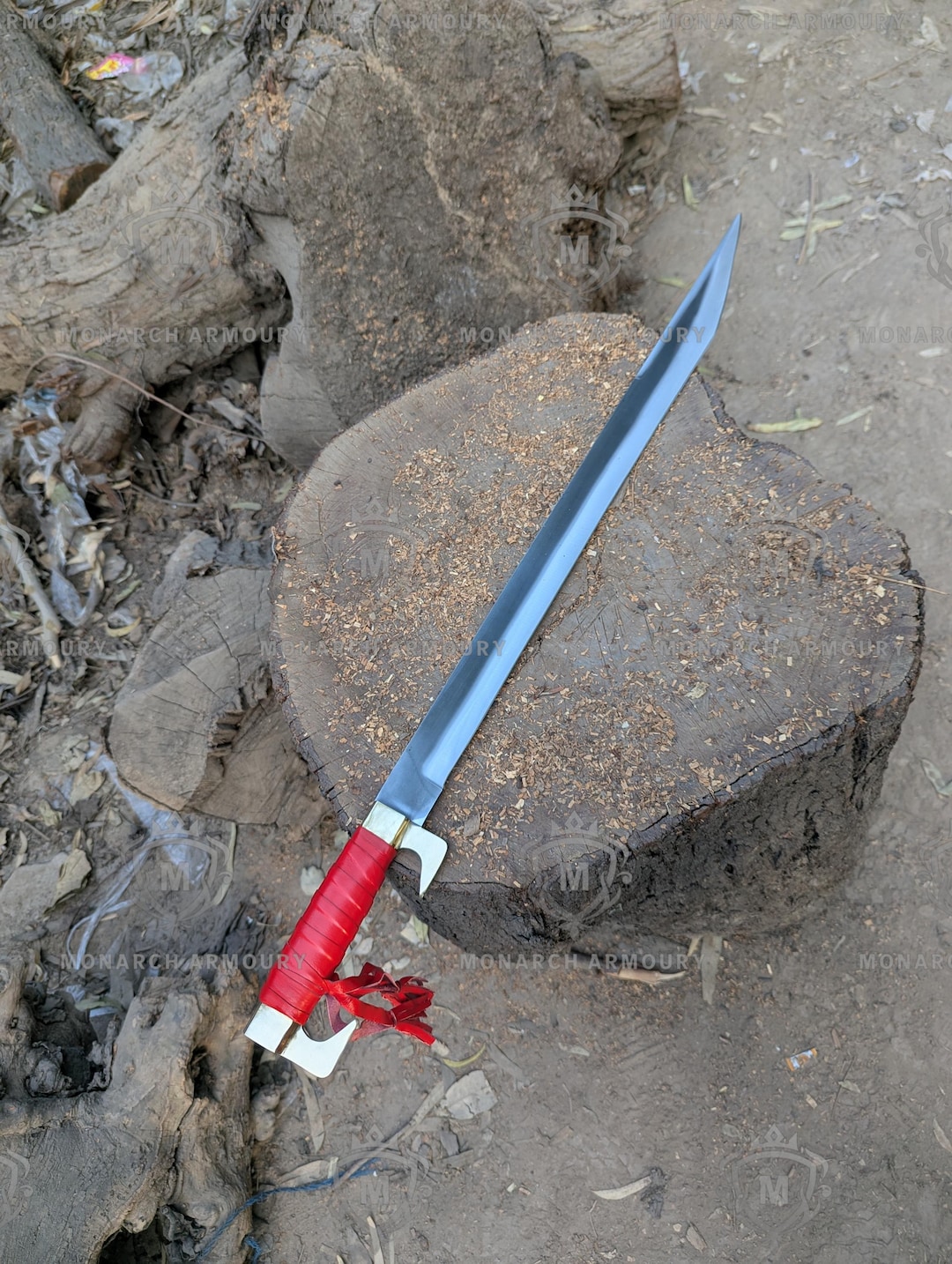 Handmade Carbon Steel Seax Sword – Acid Wash Blade, Brass Guard, Red ...