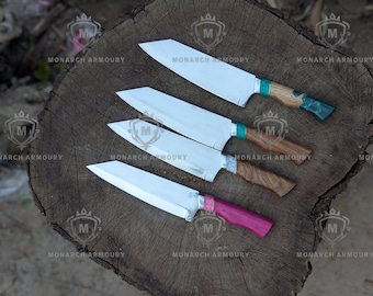 Juego de cuchillos de chef J2 de acero hechos a mano con mangos de turquesa y palisandro (incluye funda).