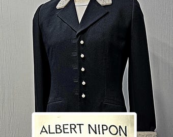 Vintage Albert Nipon avondmarineblauwe blazer met neppareldetails