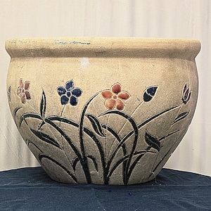 Large Studio Pottery Jardinière | Hand-Carved Japanese Mishima Floral Inlay Art Cachepot (12.25" Wide)