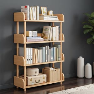 May include: A light-colored wooden bookshelf with four shelves, filled with books, decorative items, and a woven basket. The shelves are supported by rounded vertical supports. The bookshelf is against a dark gray wall.
