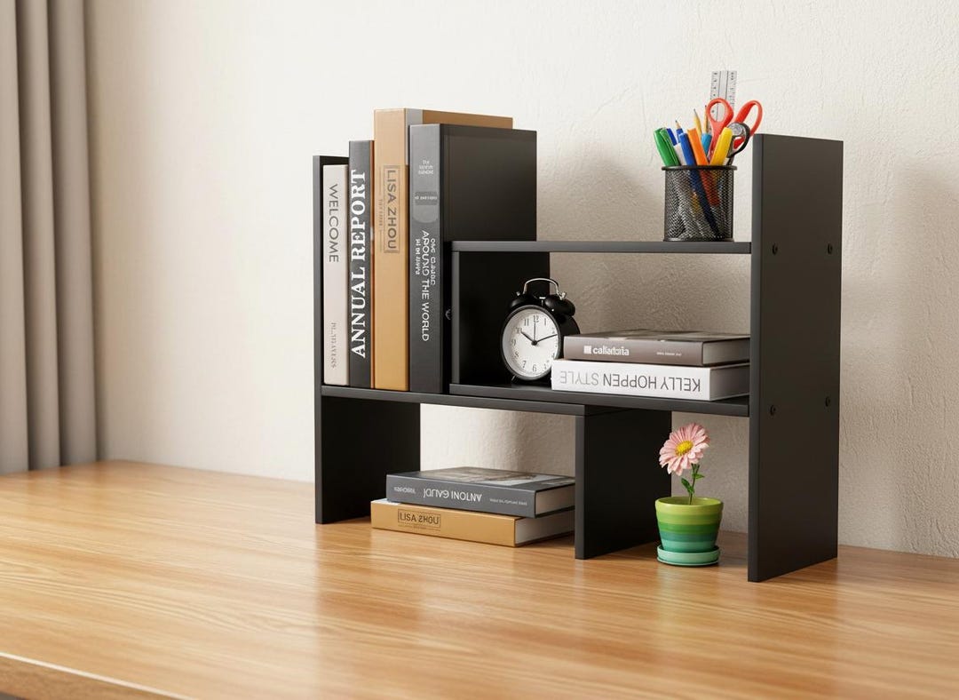 Adjustable Desk Shelf Organizer Wooden Desktop Storage Rack Black ...