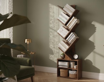 6-Tier Tree Bookshelf: Rustic Brown Narrow Bookcase with Drawers for Small Spaces