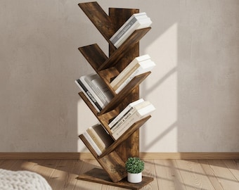 Tree Bookshelf 7 Tier Corner Shelf Wooden Bookcase Space Saving Organizer Decor
