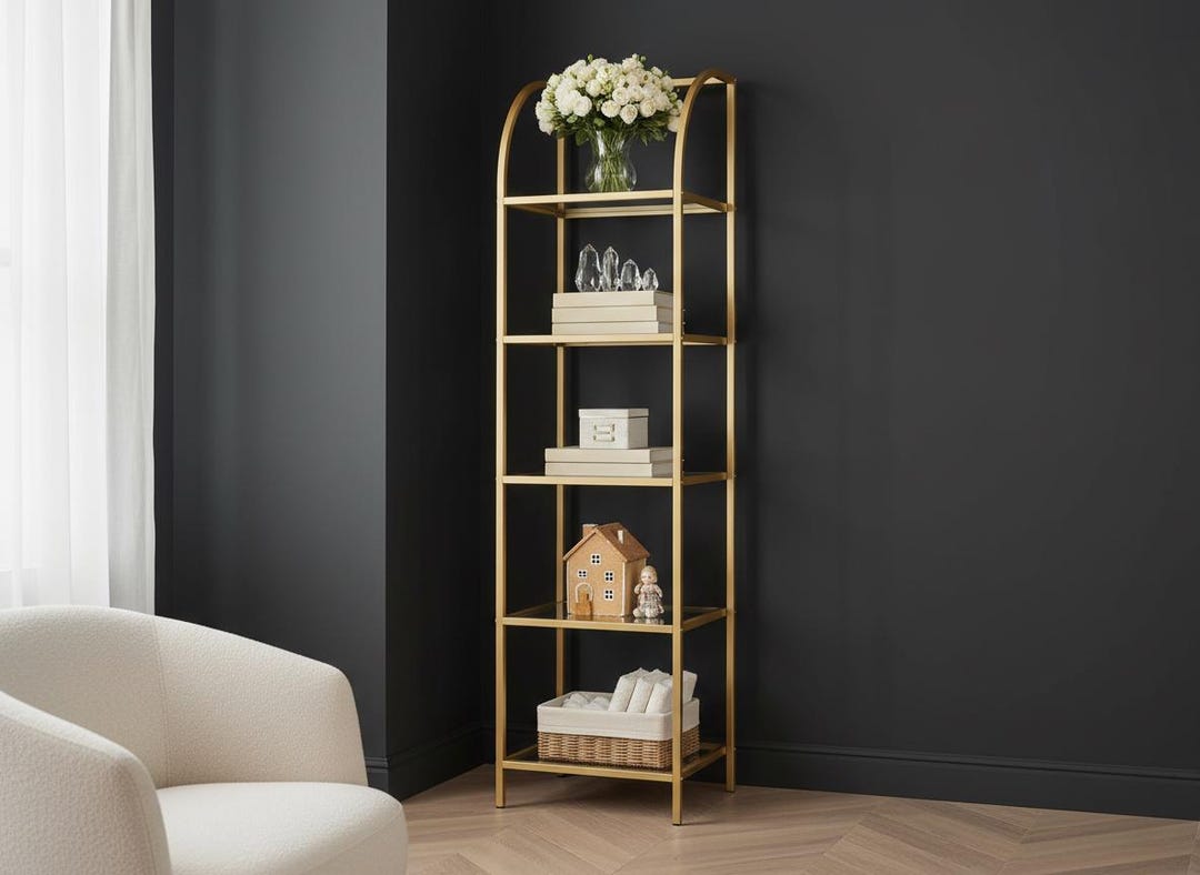 Gold Arched Glass Bookshelf, 5 Tier Slim Storage Shelf for Bedroom ...
