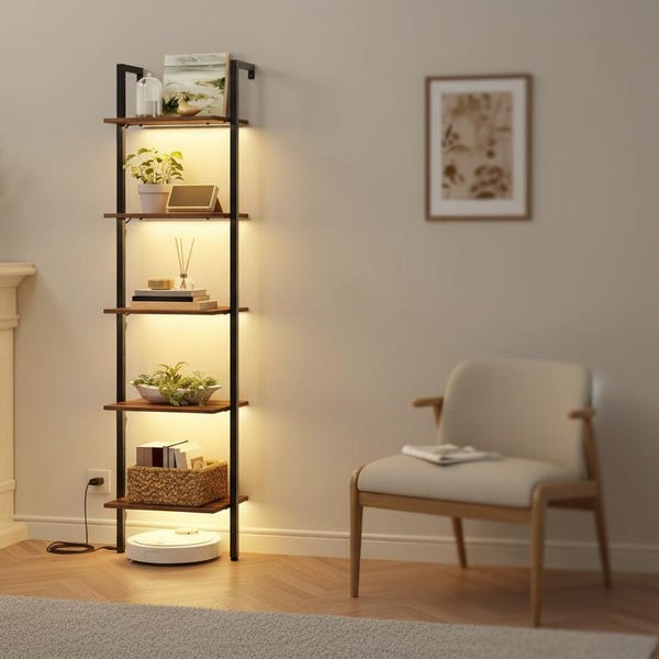 5 Tier Ladder Shelf with LED Light, Wall Mounted Rustic Industrial Bookshelf