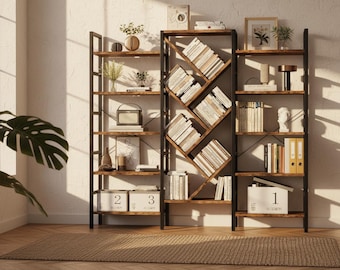 Large Tree Bookshelf 5 Tier Rustic Wood Bookcase Display Shelf