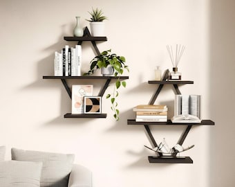 Floating Wall Shelves Set of 2, 3 Tier Black Modern Wall Decor Storage