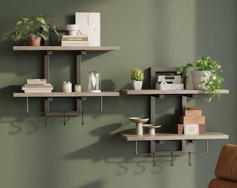 Set of 2 Floating Shelves, Industrial Greige Wood Metal Wall Rack