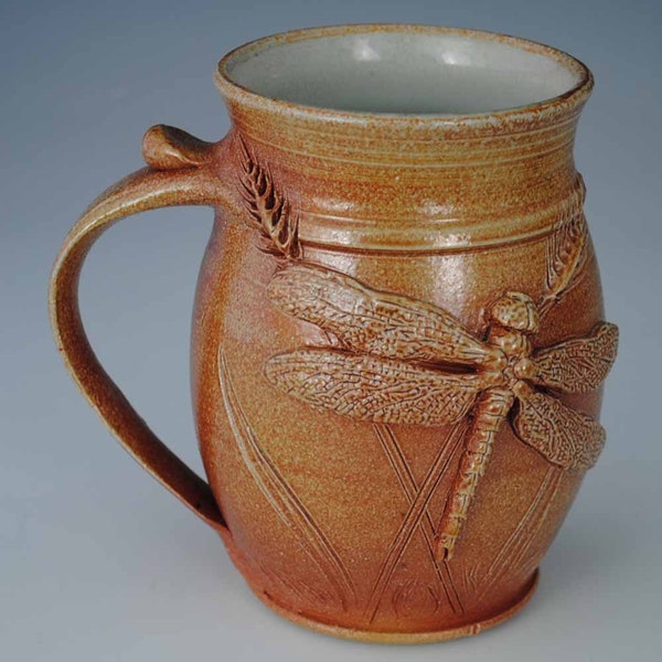 Tan Stoneware Mug or Stein with Handcarved  Dragonfly, Salt Fired