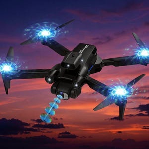 Peut inclure: Un drone quadricoptère noir avec quatre hélices rotatives dotées de lumières bleues éclatantes. Le drone possède un module caméra central avec un objectif projetant une série d'effets lumineux circulaires bleus sur un ciel au coucher du soleil.