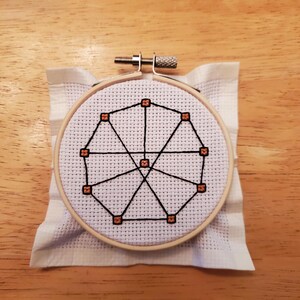 May include: A cross-stitch embroidery project in a wooden hoop. The design features a geometric pattern of black lines and orange squares on white fabric. The hoop is secured with a metal clasp, and the fabric is resting on a white cloth.