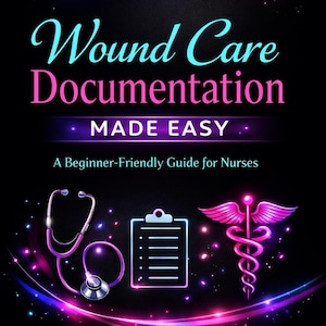 Könnte beinhalten: Buchcover mit dem Titel "Wound Care Documentation Made Easy" in Türkis und Pink. Das Cover zeigt medizinische Symbole wie Stethoskop, Klemmbrett und Caduceus, alles in Pink und Lila auf schwarzem Hintergrund.