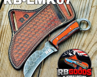 Cuchillo de electricista de hoja fija tipo pico de halcón con cinturón y funda de cuero. Regalo de boda.