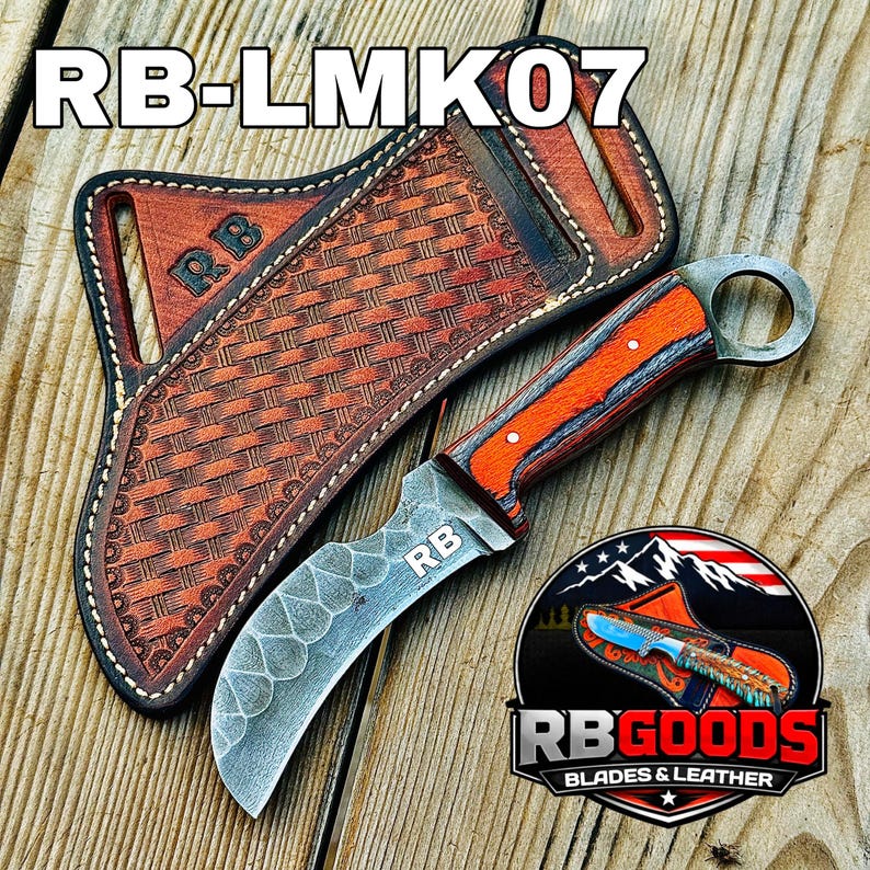 May include: A curved blade knife with an orange and gray handle and a finger ring, accompanied by a brown leather sheath. The knife blade has a unique pattern and the sheath has a woven design. The text "RB-LMK07" is at the top.