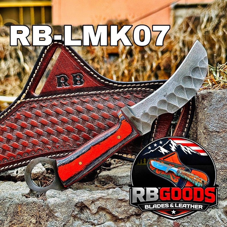 May include: A handcrafted knife with a curved blade and a red and gray handle. The blade has a textured surface. The knife is displayed with a brown leather sheath. The text "RB-LMK07" is at the top of the image, and the logo "RB GOODS BLADES & LEATHER" is at the bottom.