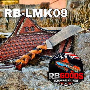 May include: A handcrafted knife with a wooden handle and a leather sheath. The knife blade has a worn metal finish. The sheath is brown with a woven pattern. The text "RB-LMK09" is at the top of the image, and the logo "RB GOODS BLADES & LEATHER" is at the bottom.