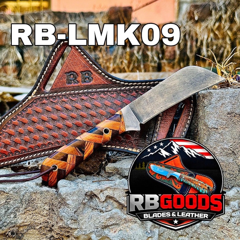 May include: A handcrafted knife with a wooden handle and a leather sheath. The knife blade has a worn metal finish. The sheath is brown with a woven pattern. The text "RB-LMK09" is at the top of the image, and the logo "RB GOODS BLADES & LEATHER" is at the bottom.