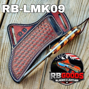 May include: A handcrafted knife with a wooden handle and a leather sheath. The sheath is brown with a woven pattern and white stitching. The knife blade is silver. The text "RB-LMK09" is at the top. The logo says "RB GOODS BLADES & LEATHER".