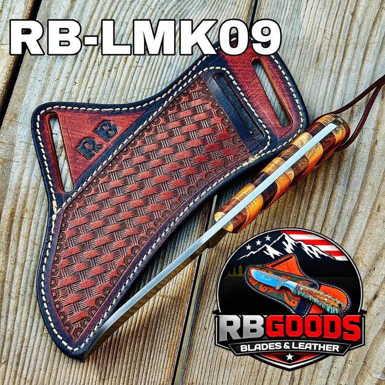 May include: A handcrafted knife with a wooden handle and a leather sheath. The sheath is brown with a woven pattern and white stitching. The knife blade is silver. The text "RB-LMK09" is at the top. The logo says "RB GOODS BLADES & LEATHER".
