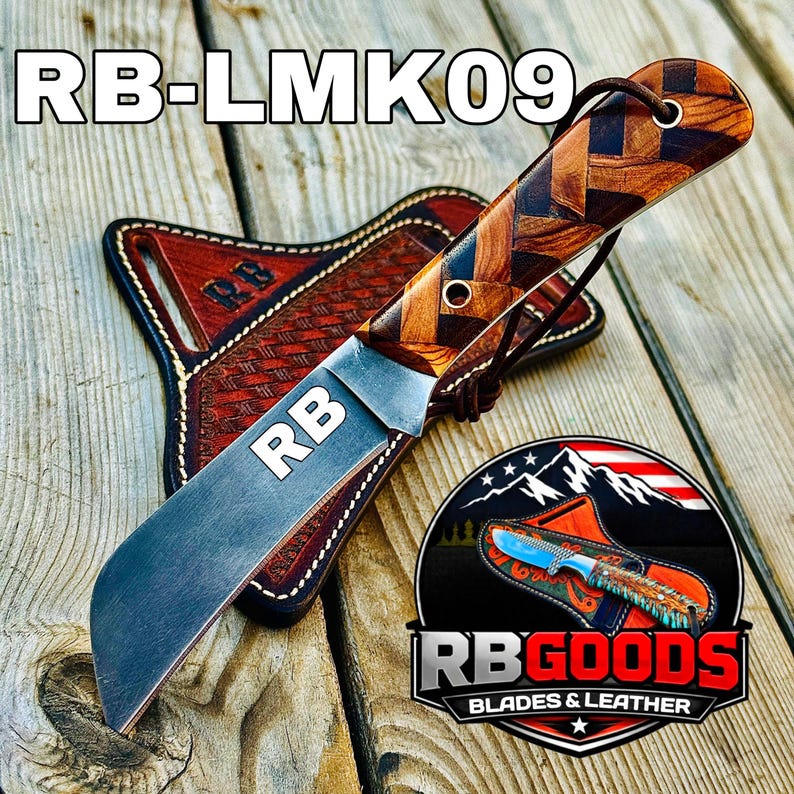 May include: A handcrafted knife with a wooden handle and a leather sheath. The blade is engraved with "RB". The sheath is brown leather with the initials "RB" embossed. The image also includes the text "RB-LMK09" and a logo that says "RB GOODS BLADES & LEATHER".