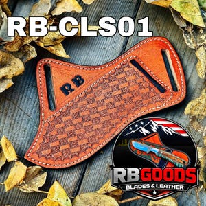 May include: An orange leather knife sheath with a basketweave design and the initials "RB". The sheath has two belt slots. The image also shows the "RB GOODS BLADES & LEATHER" logo. The text "RB-CLS01" is at the top.