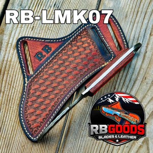 May include: A handcrafted leather knife sheath with a woven pattern and a matching knife. The sheath is brown with black trim and white stitching. The knife handle is red and white. The image includes the text "RB-LMK07" and a logo for "RB Goods Blades & Leather."