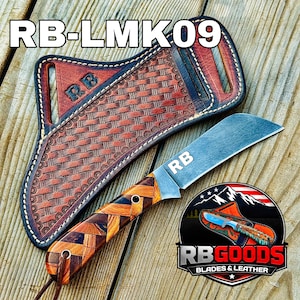 May include: A handcrafted knife with a curved blade and a wooden handle, displayed with a leather sheath. The sheath features a woven pattern and the initials "RB". The knife blade has the initials "RB" etched on it. The text "RB-LMK09" is at the top.