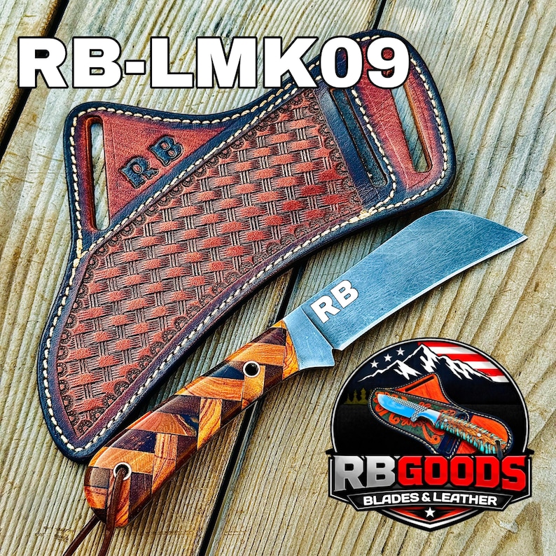 May include: A handcrafted knife with a curved blade and a wooden handle, displayed with a leather sheath. The sheath features a woven pattern and the initials "RB". The knife blade has the initials "RB" etched on it. The text "RB-LMK09" is at the top.