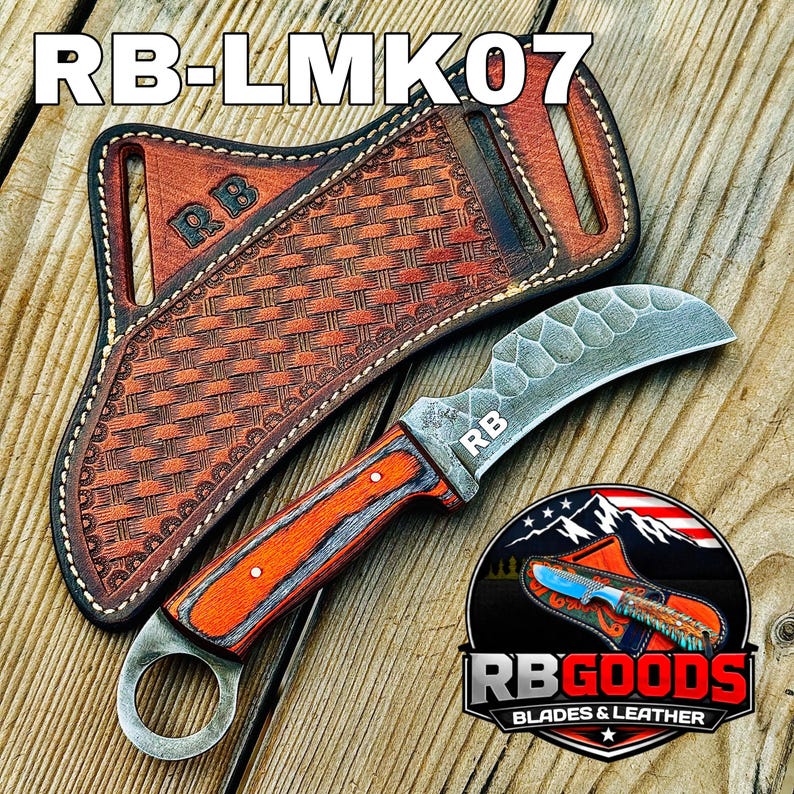 May include: A curved blade knife with an orange and gray handle, and a leather sheath. The knife has a textured blade and a ring at the base of the handle. The sheath is brown with a woven pattern. The text "RB-LMK07" is at the top.