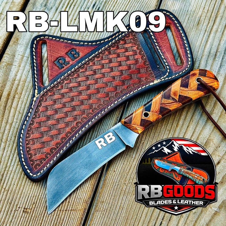 May include: A handcrafted knife with a wooden handle and a leather sheath. The knife blade is silver, and the handle features a woven wood design. The sheath is brown with a woven pattern. The text "RB-LMK09" is visible.