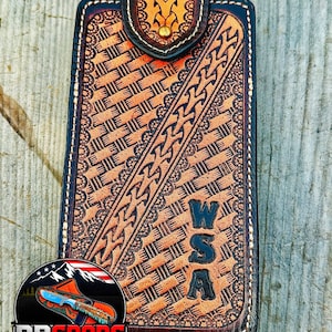 Phone Leather Case Universal Phone Belt Holster Handcrafted Tooled Basket weave.
