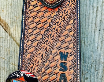 Phone Leather Case Universal Phone Belt Holster Handcrafted Tooled Basket weave.
