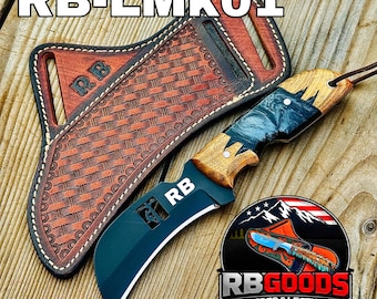 Damascus Blade Lineman Knife: Handmade Bull Cutter Knives Belt Leather Sheath Wedding Gift.