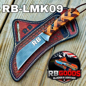 May include: A handcrafted knife with a wooden handle and a leather sheath. The knife blade has the letters "RB" etched on it. The sheath is brown with decorative stitching and the letters "RB" embossed on it. The image also includes the text "RB-LMK09" and a logo that says "RB GOODS BLADES & LEATHER".