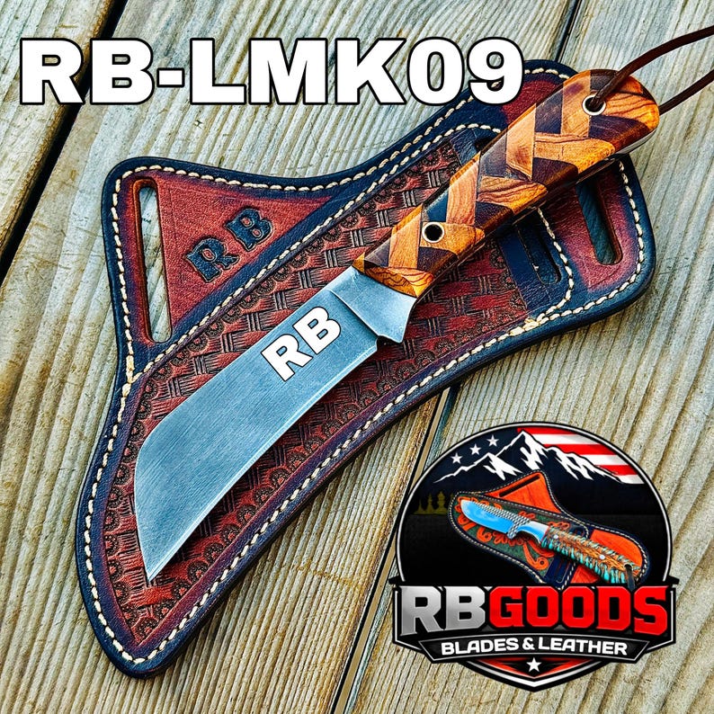 May include: A handcrafted knife with a wooden handle and a leather sheath. The knife blade has the letters "RB" etched on it. The sheath is brown with decorative stitching and the letters "RB" embossed on it. The image also includes the text "RB-LMK09" and a logo that says "RB GOODS BLADES & LEATHER".