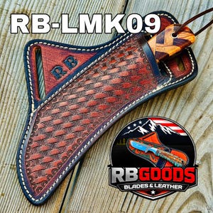 May include: A handcrafted leather knife sheath with a woven pattern in shades of brown and red, featuring the text "RB-LMK09" and the initials "RB". The sheath holds a wooden-handled knife. The image also includes a logo with the text "RB GOODS BLADES & LEATHER".