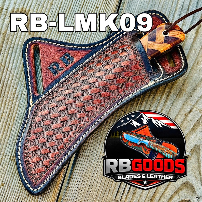 May include: A handcrafted leather knife sheath with a woven pattern in shades of brown and red, featuring the text "RB-LMK09" and the initials "RB". The sheath holds a wooden-handled knife. The image also includes a logo with the text "RB GOODS BLADES & LEATHER".