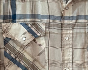 Vintage westernskjorta från Ely Cattleman, korta ärmar, creme/brun/blå rutig, herr XL