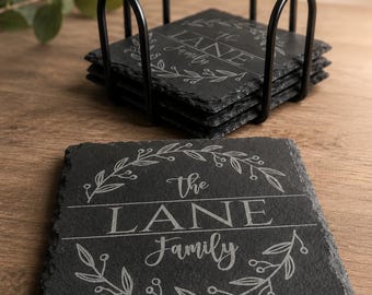 Personalized Slate Coasters – Custom Engraved Stone Coasters, Wedding & Housewarming Gift