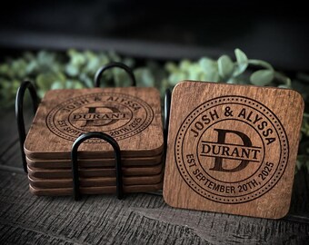 Personalized Acacia Wood Coasters – Custom Engraved Wedding Gift, Anniversary or Housewarming Decor