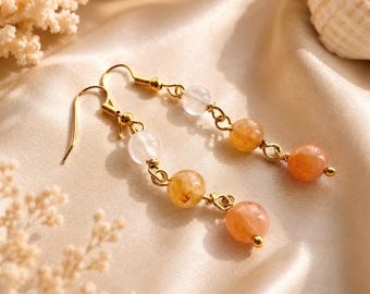 Set met edelsteenketting en oorbellen zonsondergang | Warme kustsieraden | Handgemaakte gouden ketting | Minimalistische edelsteenoorbellen | Boho luxe sieraden