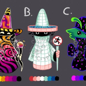 May include: Four whimsical wizard illustrations. A variety of colorful wizard designs are shown, including a wizard with a lollipop, a wizard holding a "no running" sign, a wizard with a star-topped wand, and a wizard with an octopus body.