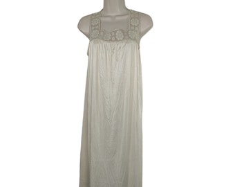 Vintage Sears Beige Nightgown Gown Women Size M 34.5/37 Lace Trim Square Neck