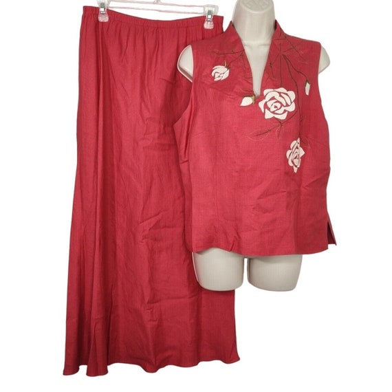 Vtg Adrianna Papell 2 Pc Rust Red Embroidered Linen Top and Maxi Skirt Size 14