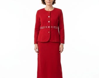 Traje de falda roja de 2 piezas vintage de Leslie Fay para mujer, talla 10, chaqueta de manga larga para oficina.