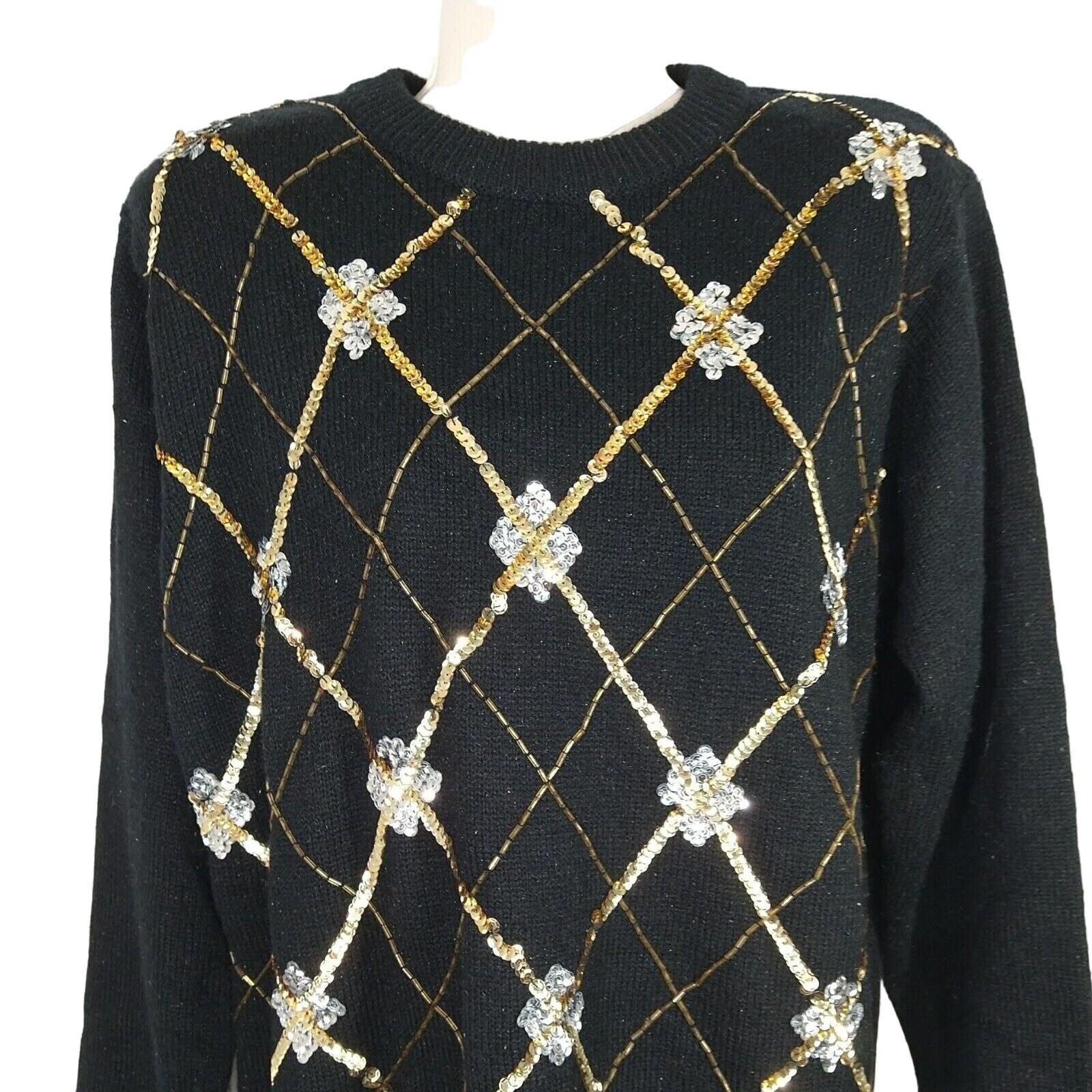 Vtg Alfred Dunner Tunic Sweater Women Size M Black Silver Gold Sequins Long Slv Etsy UK