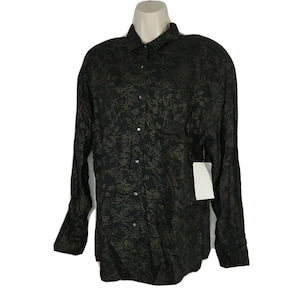 Vintage Get! Button Front Shirt Women Size L Black Gold Floral Long Sleeve NEW